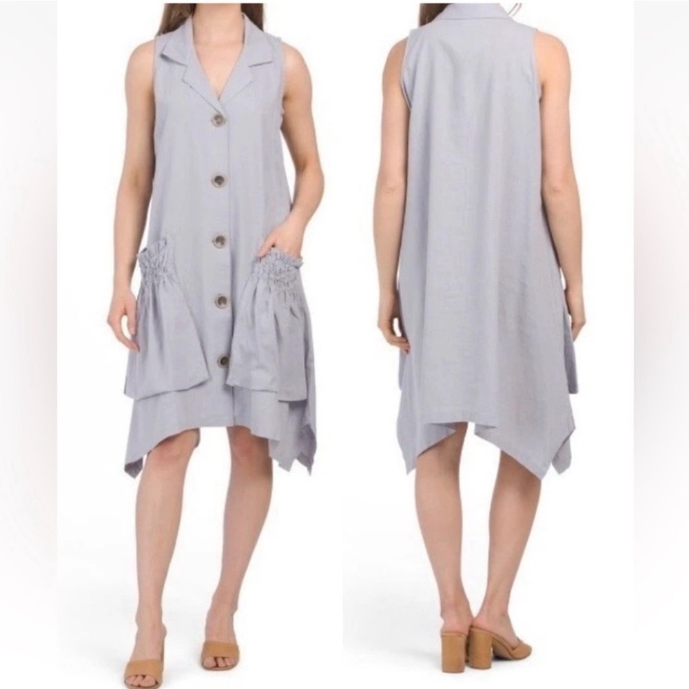 For Cynthia Linen Blend Dress Tunic Button Up Pockets Lagenlook Size Large